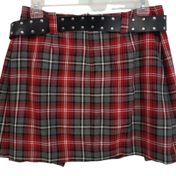 Y2K Plaid Pleated Mini Skirt with Belt 7 Red and Grey EUC Twee USA By Lavender - Picture 4 of 12